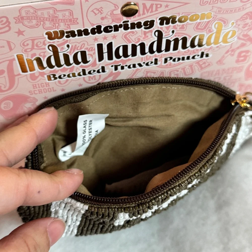 Wandering Moon India‎ Handmade Glass Football Beaded Travel Brown Pouch - NEW